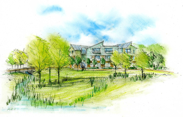 Sketch of green fields and houses at Oundle marina